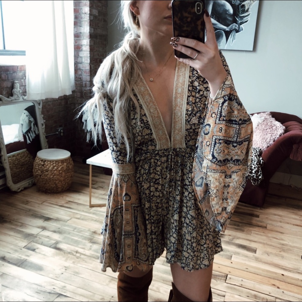 Free People Boho Romper Bell Sleeve Open Back